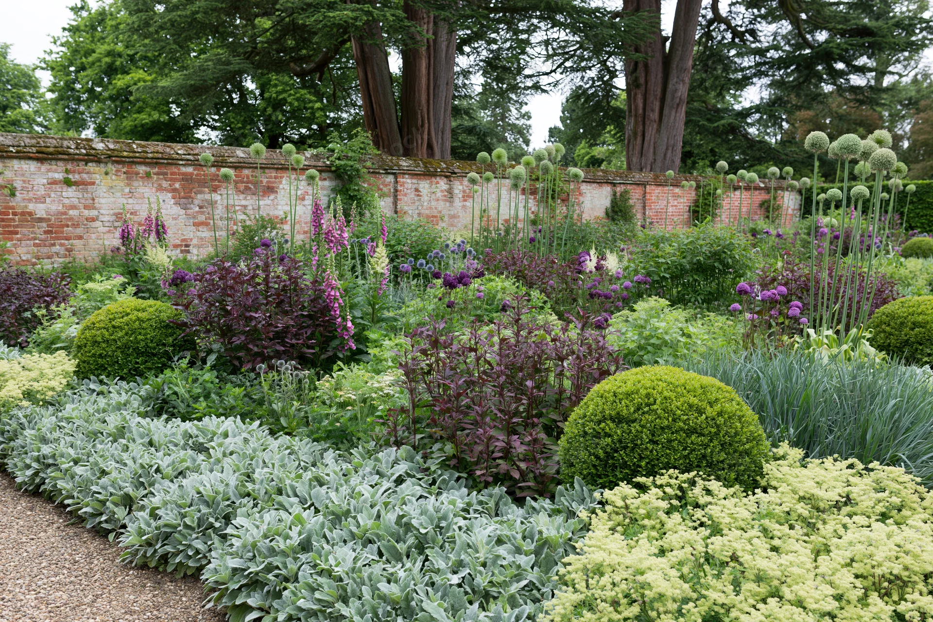 Dense summer garden border with colorful flowers and shrubs along a brick wall