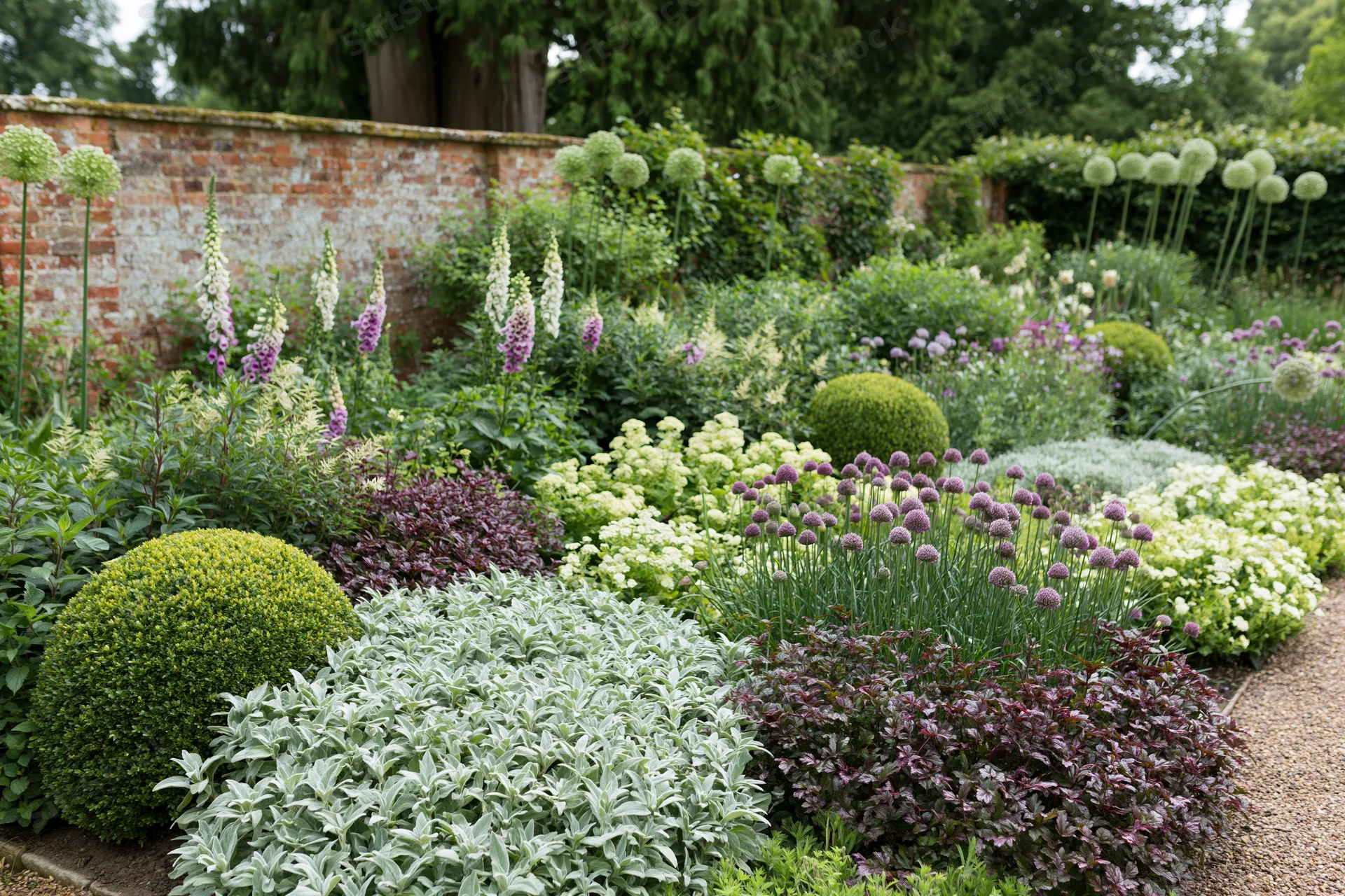 Dense summer garden border with blooming flowers and shaped shrubs along a brick wall