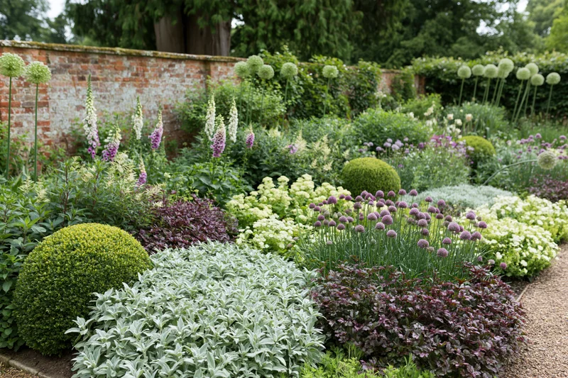 Dense summer garden border with blooming flowers and shaped shrubs along a brick wall