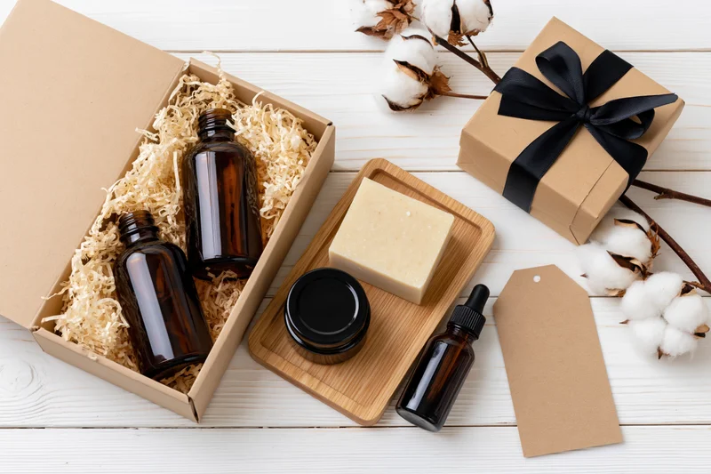 Open kraft gift box with amber bottles and soap on wooden tray beside cotton plants and wrapped gift