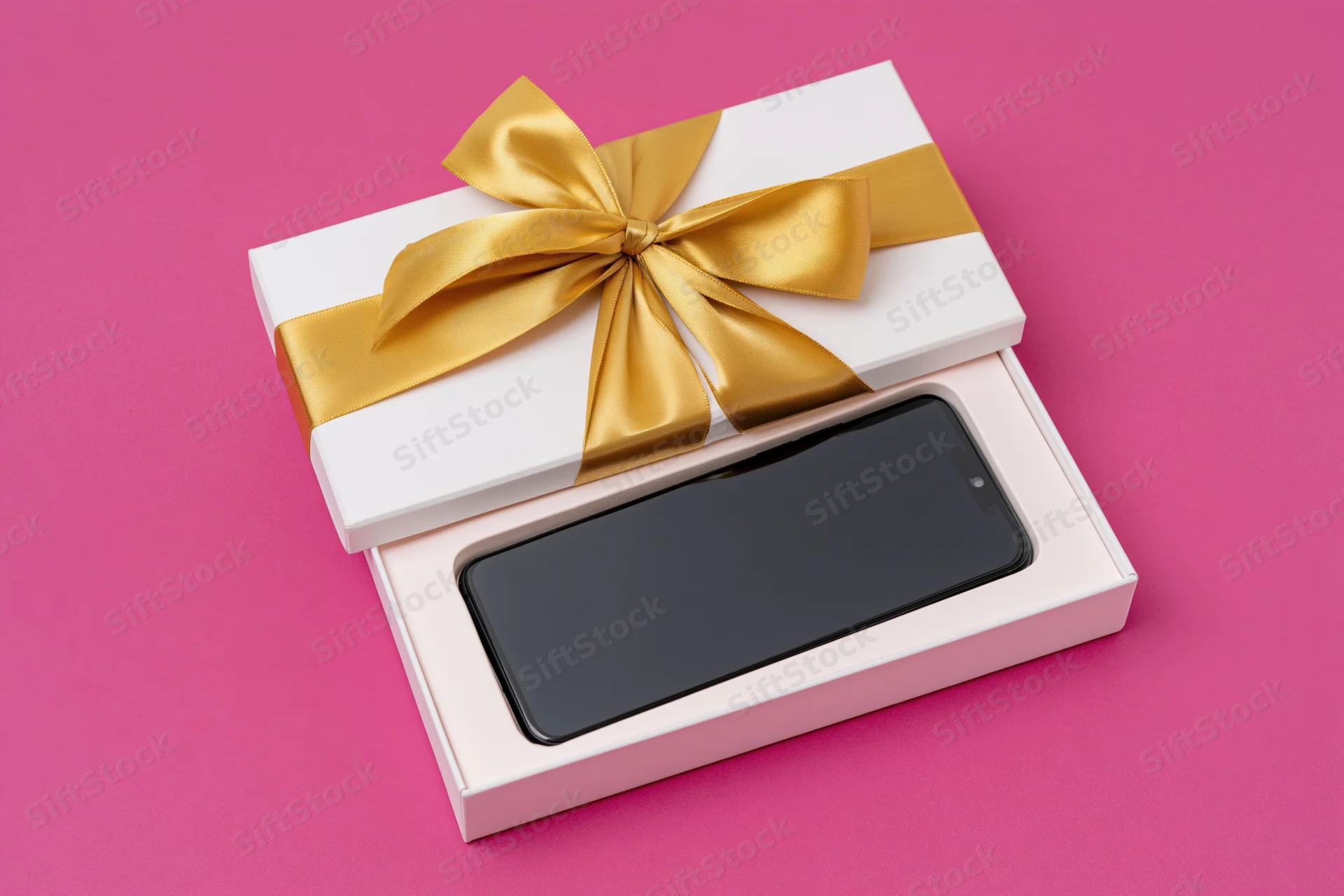 Smartphone in open gift box with gold ribbon on pink background