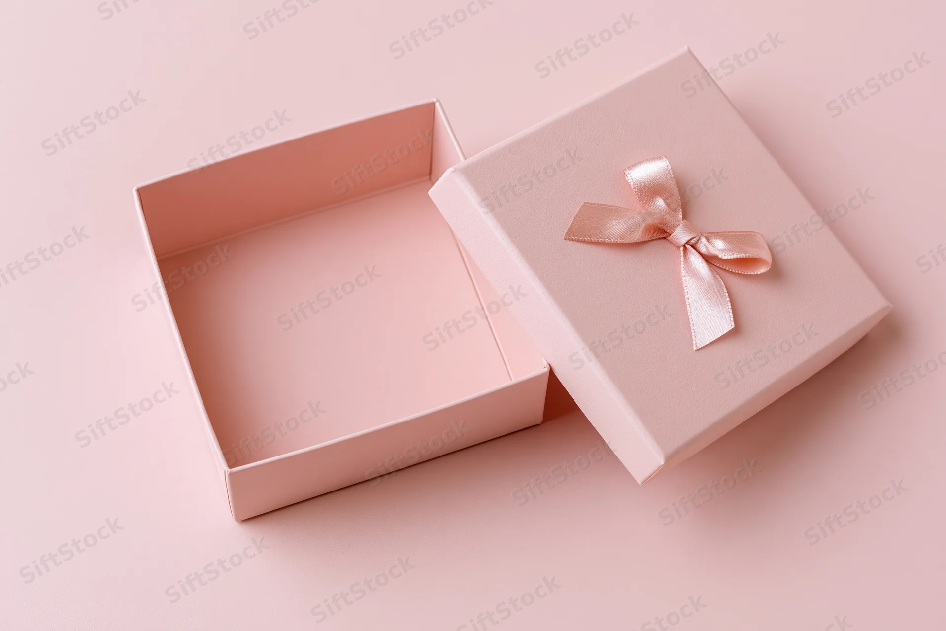 Open square pink gift box with lid and ribbon on matching surface