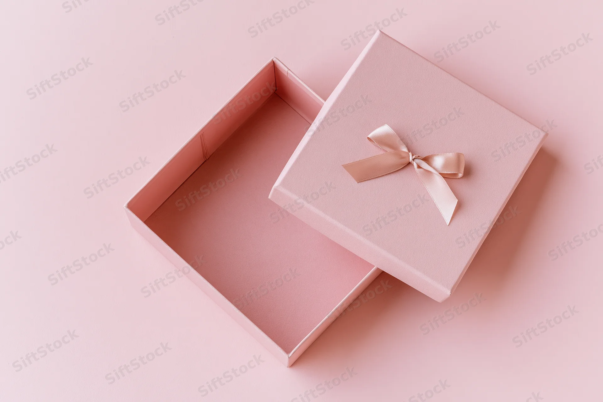 Open pink gift box with lid and ribbon on matching surface