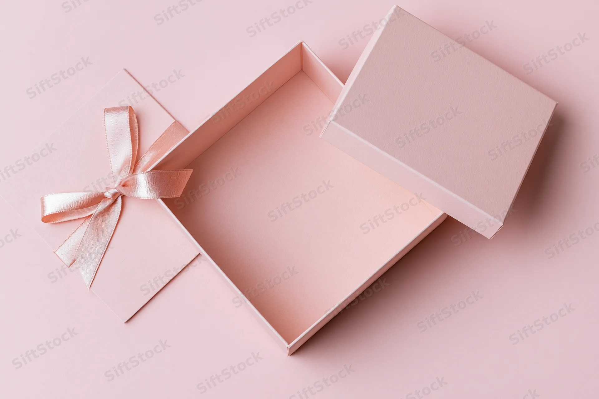 Open pink gift box with ribbon bow and lid resting diagonally on matching surface