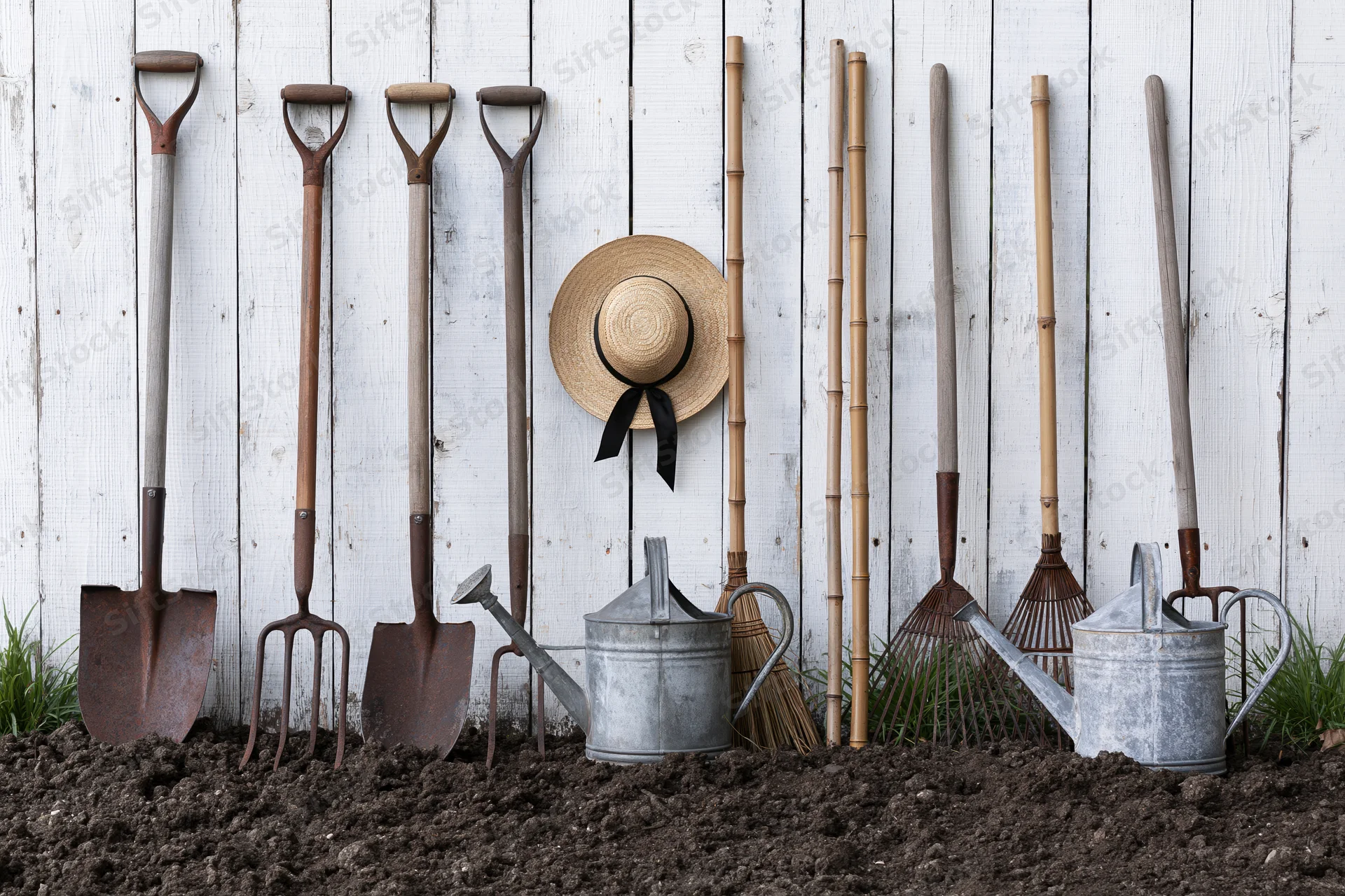 Garden tools arranged against a white wooden wall with soil in front