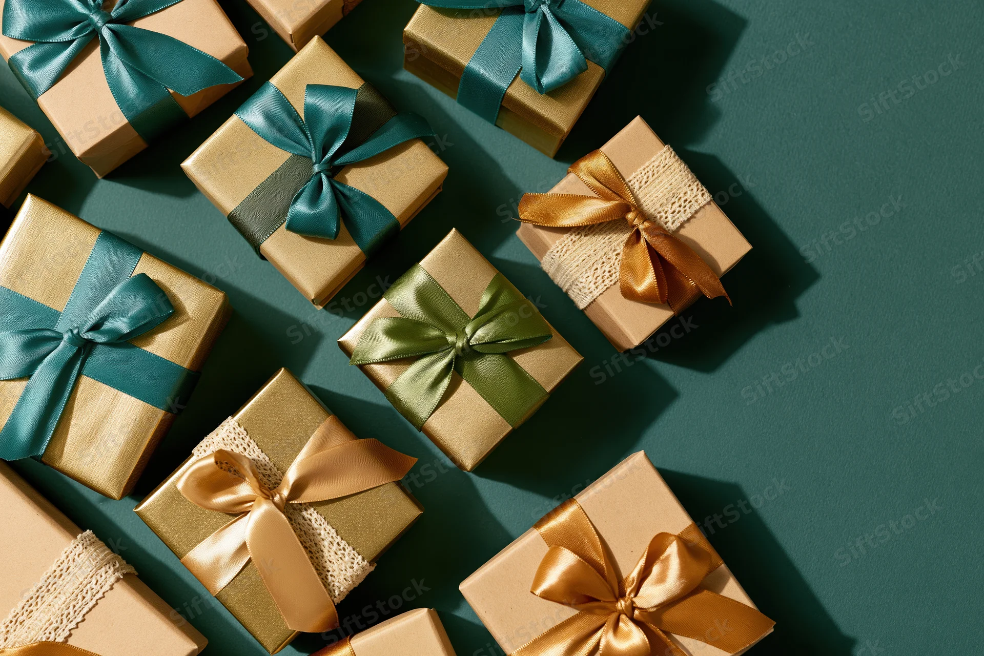 Assorted gift boxes with ribbons and bows arranged on a teal surface