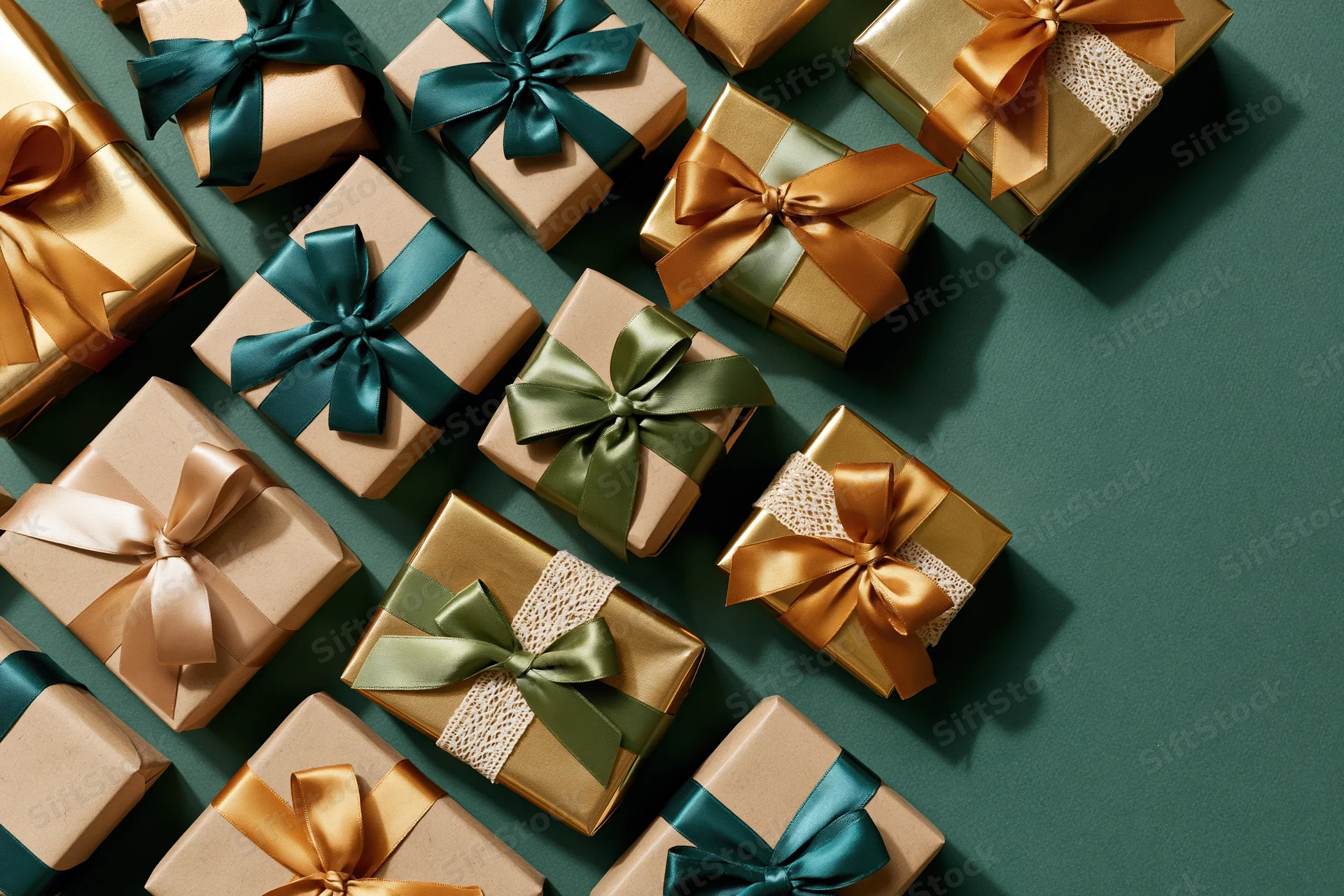 Assorted wrapped gift boxes with ribbons and bows arranged on a dark teal surface