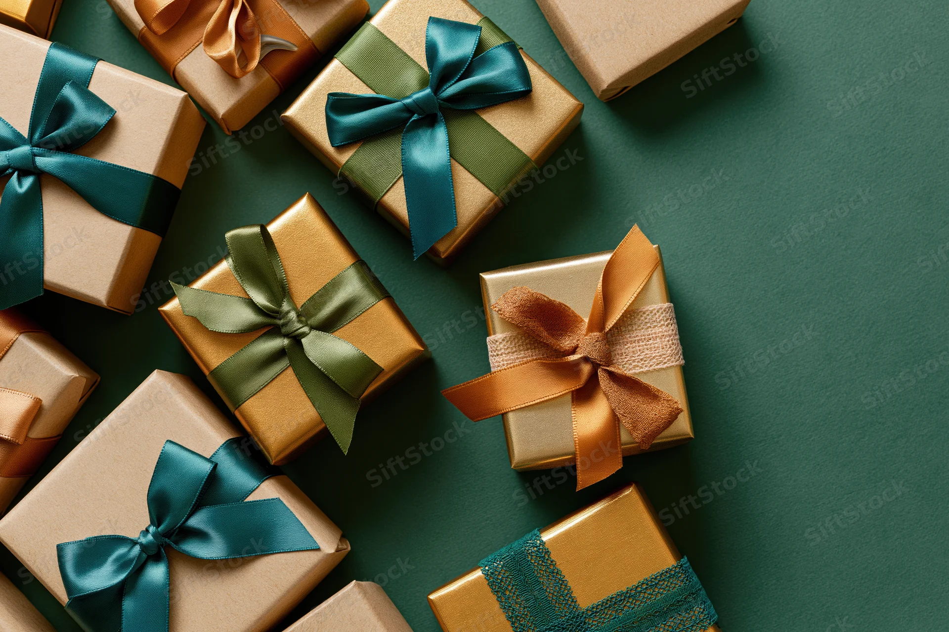 Assorted wrapped gift boxes scattered on a deep green surface with copyspace