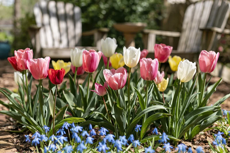 Blooming tulips in a garden bed with bluebells and wooden chairs in the background