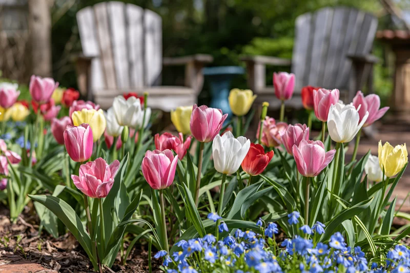 Blooming tulips in a garden bed with adirondack chairs in the background