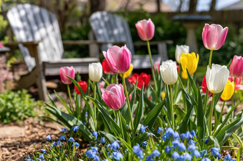 Blooming tulips in a backyard garden bed with adirondack chairs in the background