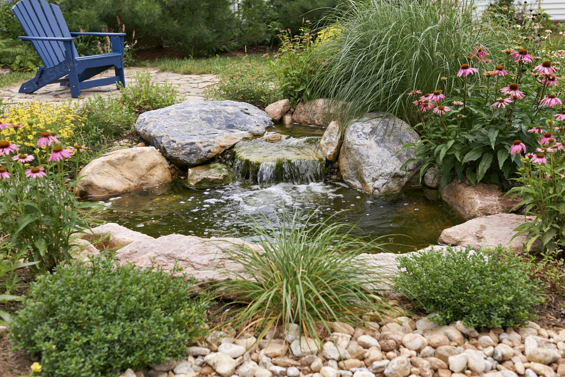 Small waterfall cascading over rocks in a garden pond surrounded by flowers and greenery
