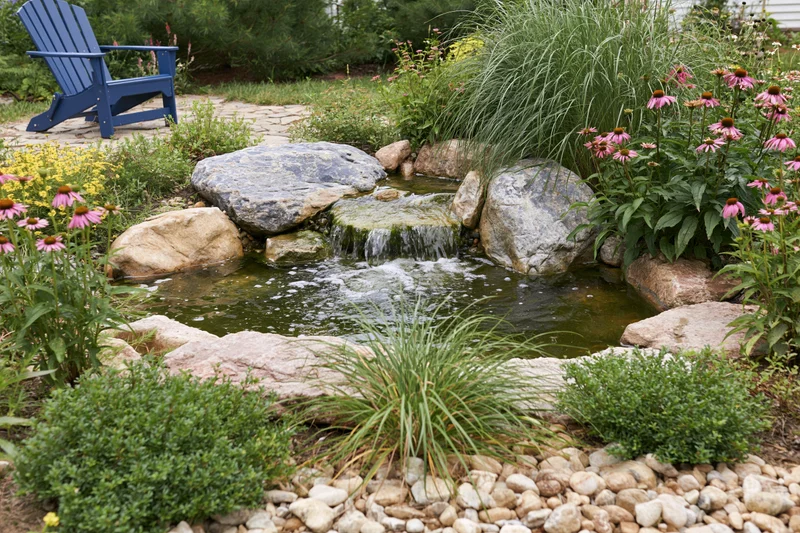 Small waterfall cascading over rocks in a garden pond surrounded by flowers and greenery