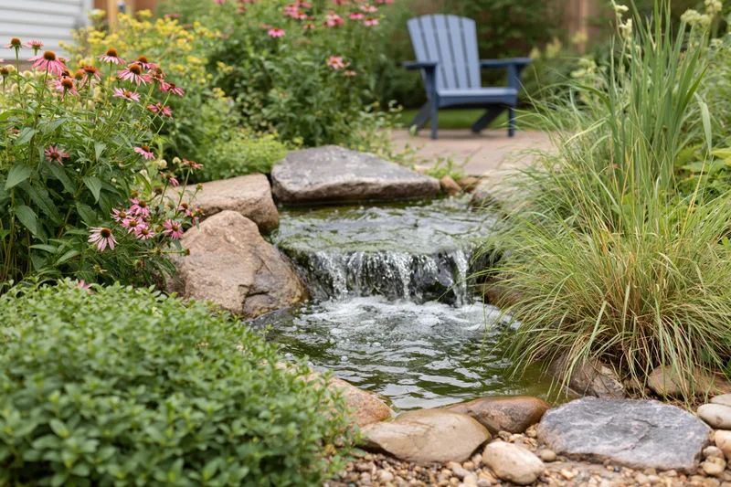Small waterfall cascading over rocks in a garden pond surrounded by flowers and greenery