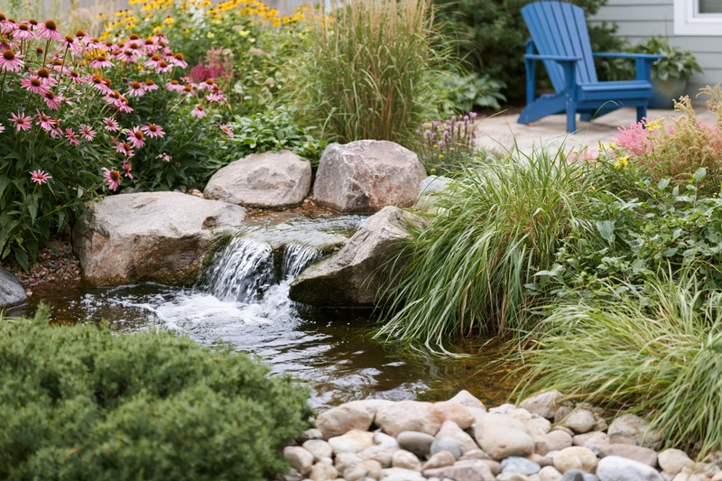 Small waterfall cascading over rocks in a garden pond surrounded by flowers and greenery