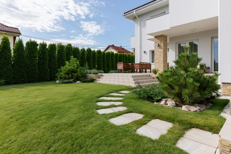 Modern suburban home backyard with manicured lawn and stone pathway leading to patio steps