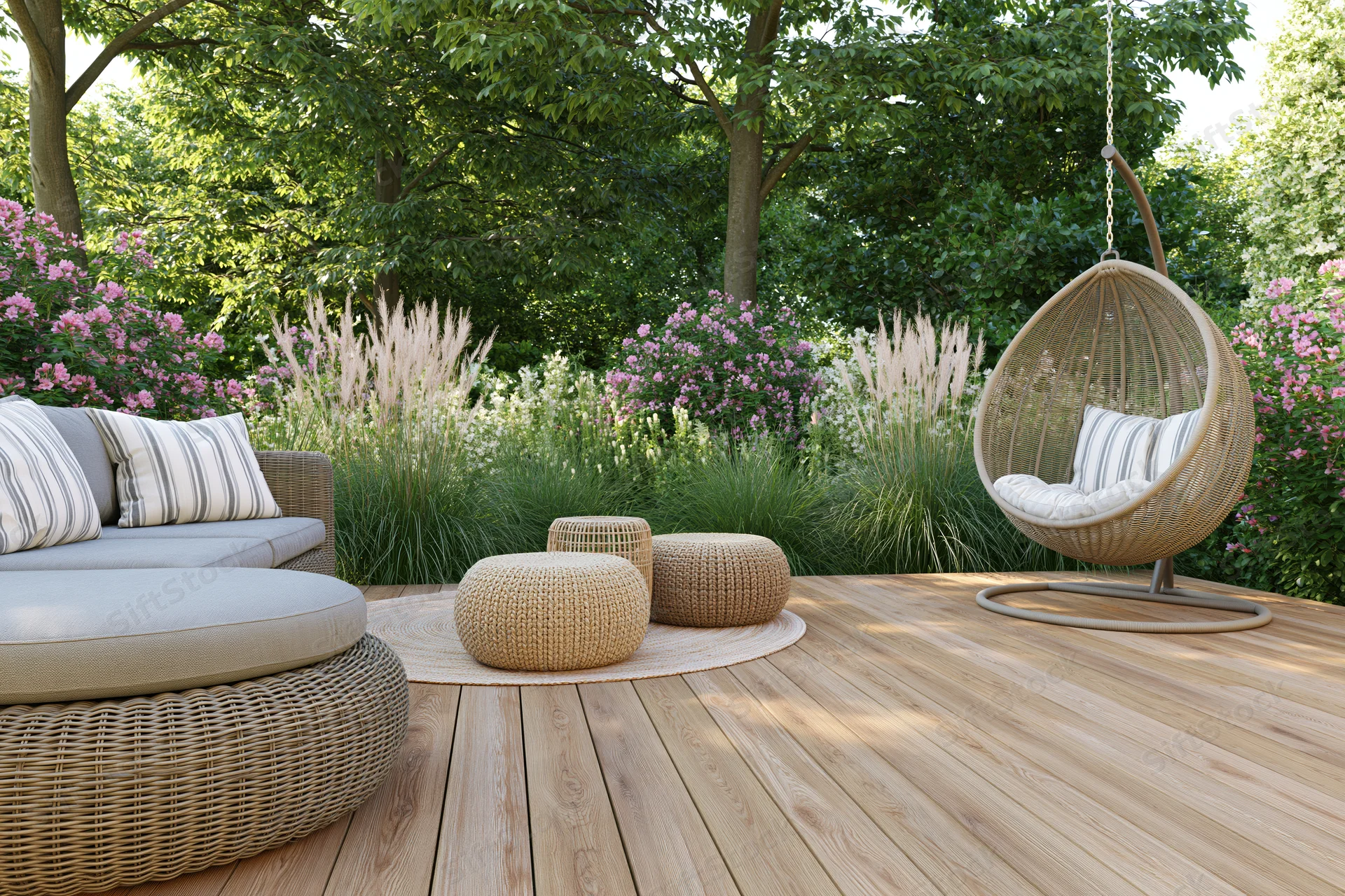 Rattan lounge furniture and hanging chair on a wooden deck surrounded by greenery and flowering plants