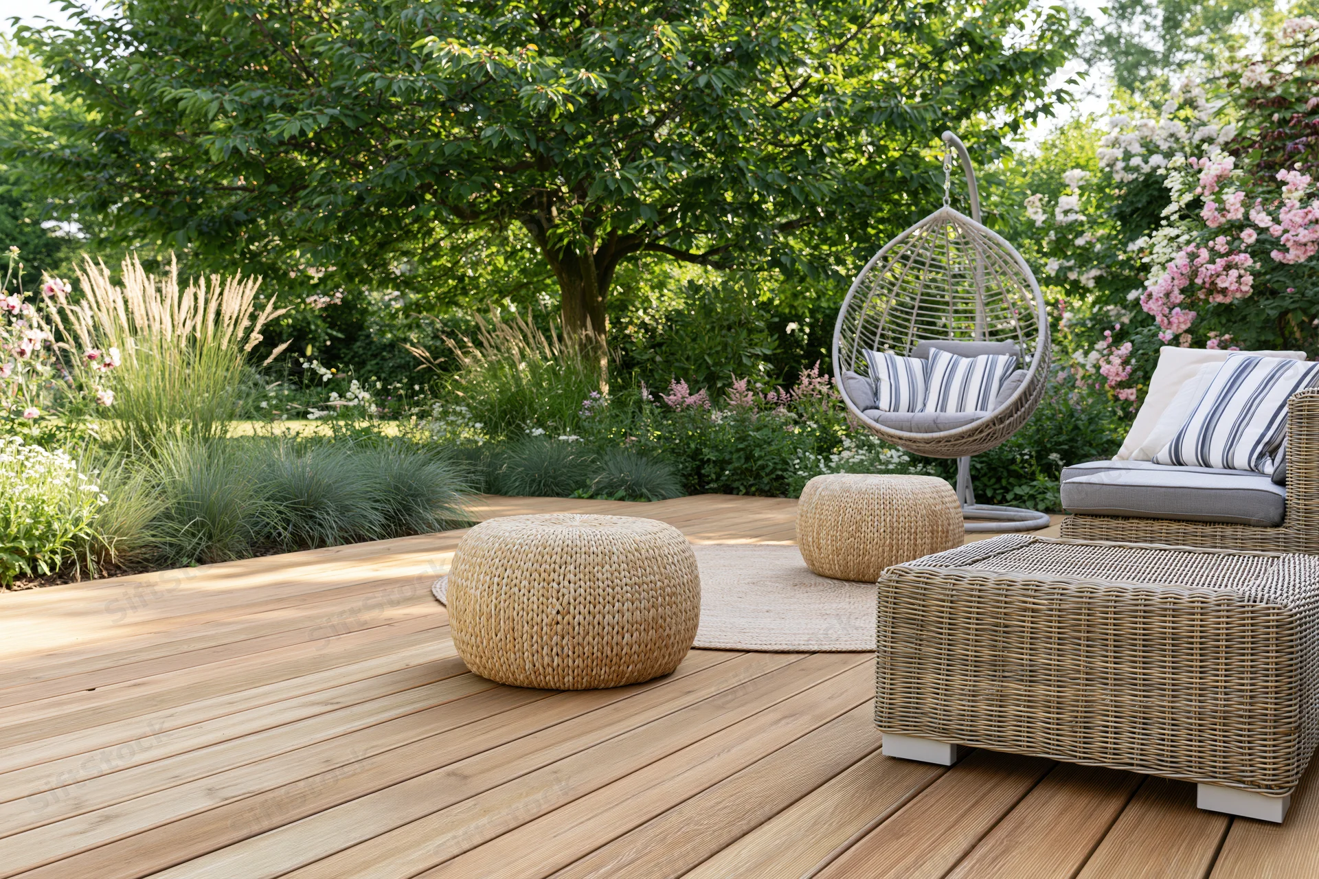 Rattan lounge furniture arranged on a wooden deck surrounded by greenery and flowering plants