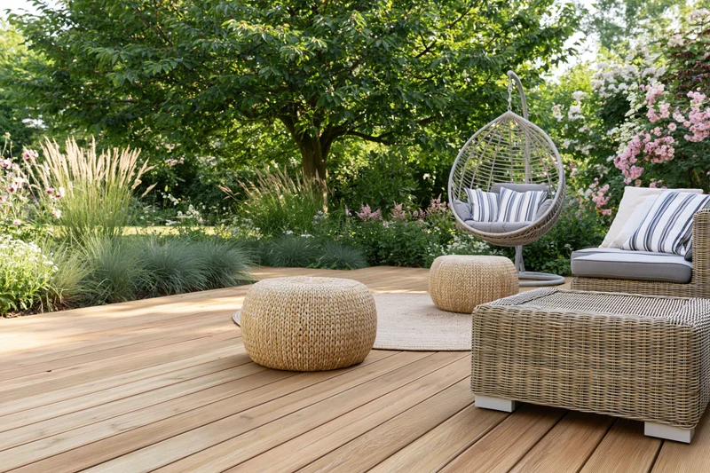 Rattan lounge furniture arranged on a wooden deck surrounded by greenery and flowering plants