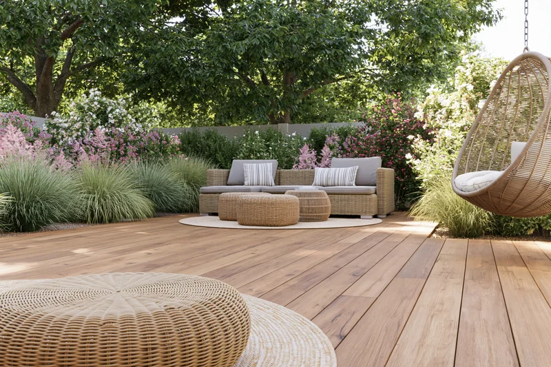 Wooden deck with rattan lounge furniture and hanging swing surrounded by flowering shrubs and trees