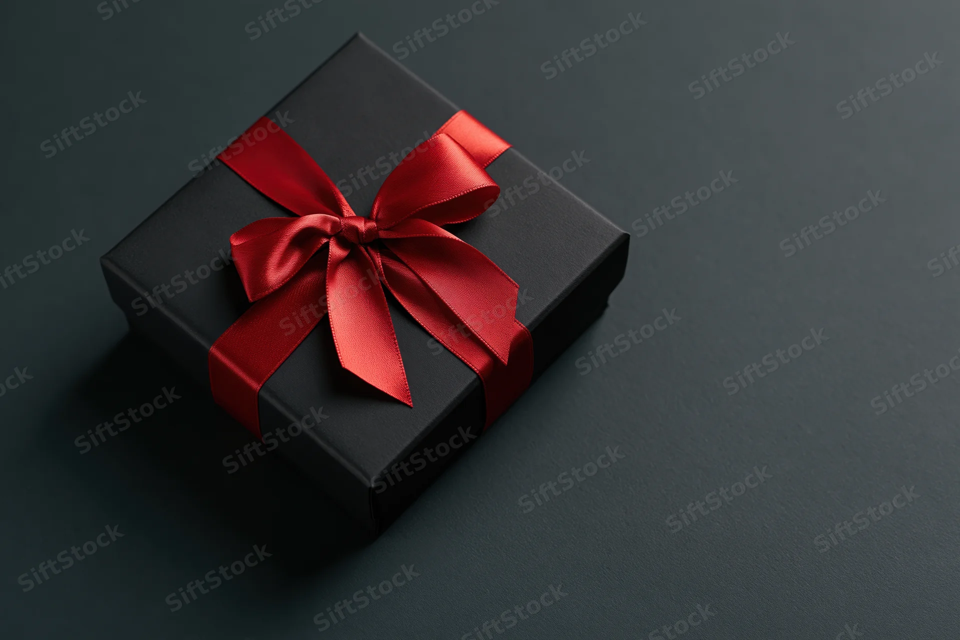 Black gift box with red satin ribbon bow on dark surface