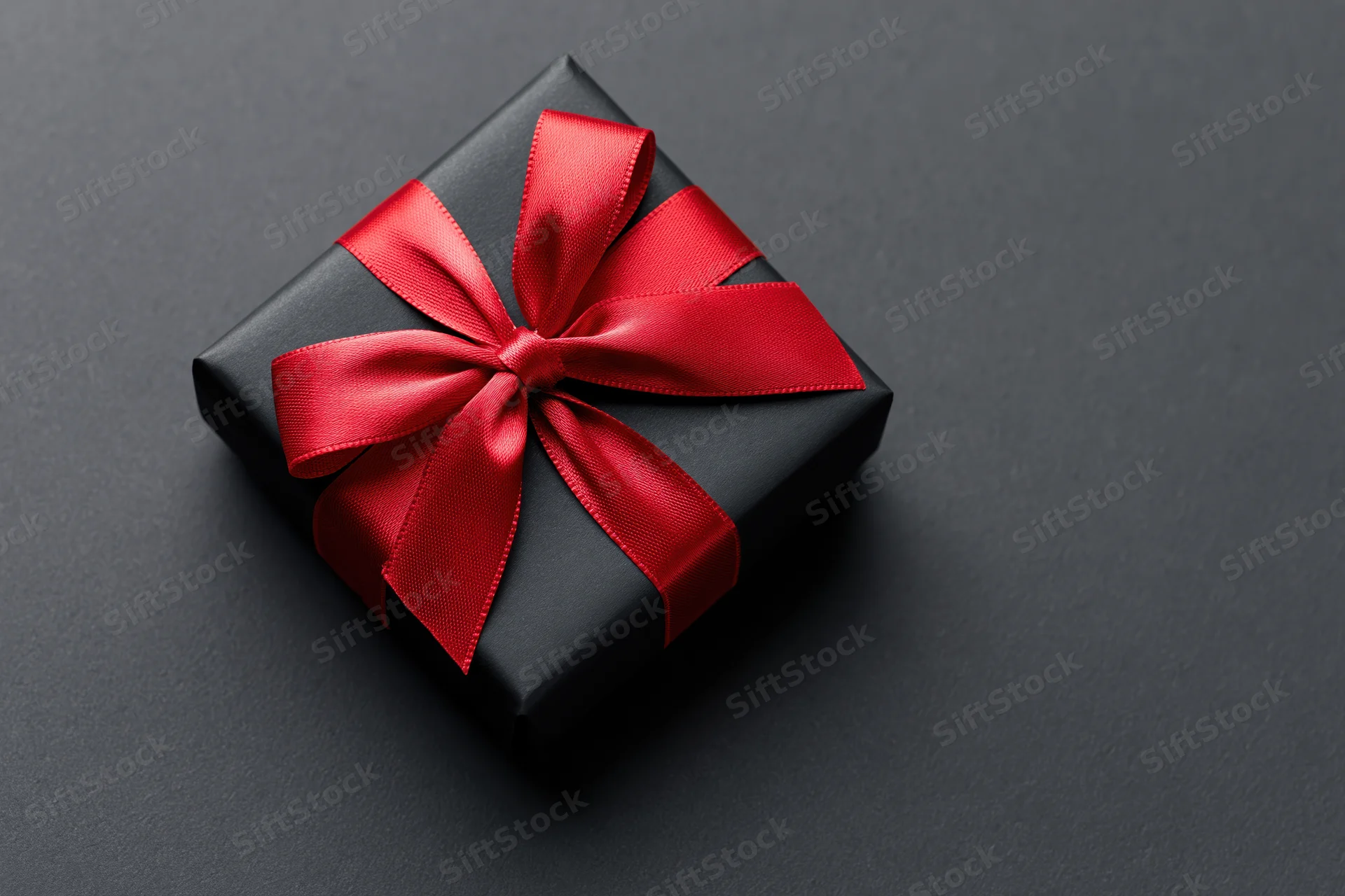 Black gift box wrapped in matte paper with red satin bow on dark surface