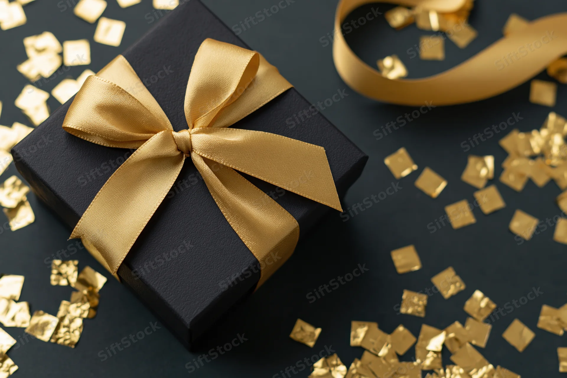 Black matte gift box with gold satin bow and scattered gold confetti on dark surface