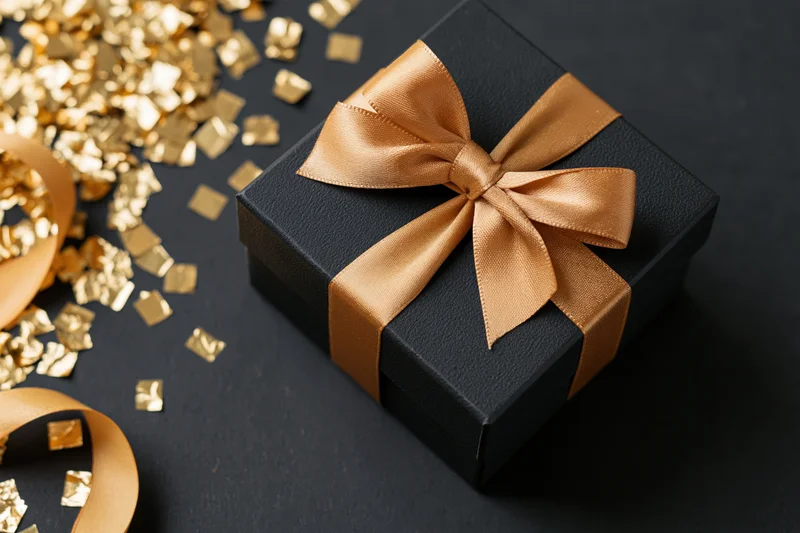 Black matte gift box with gold satin bow and scattered confetti on dark surface