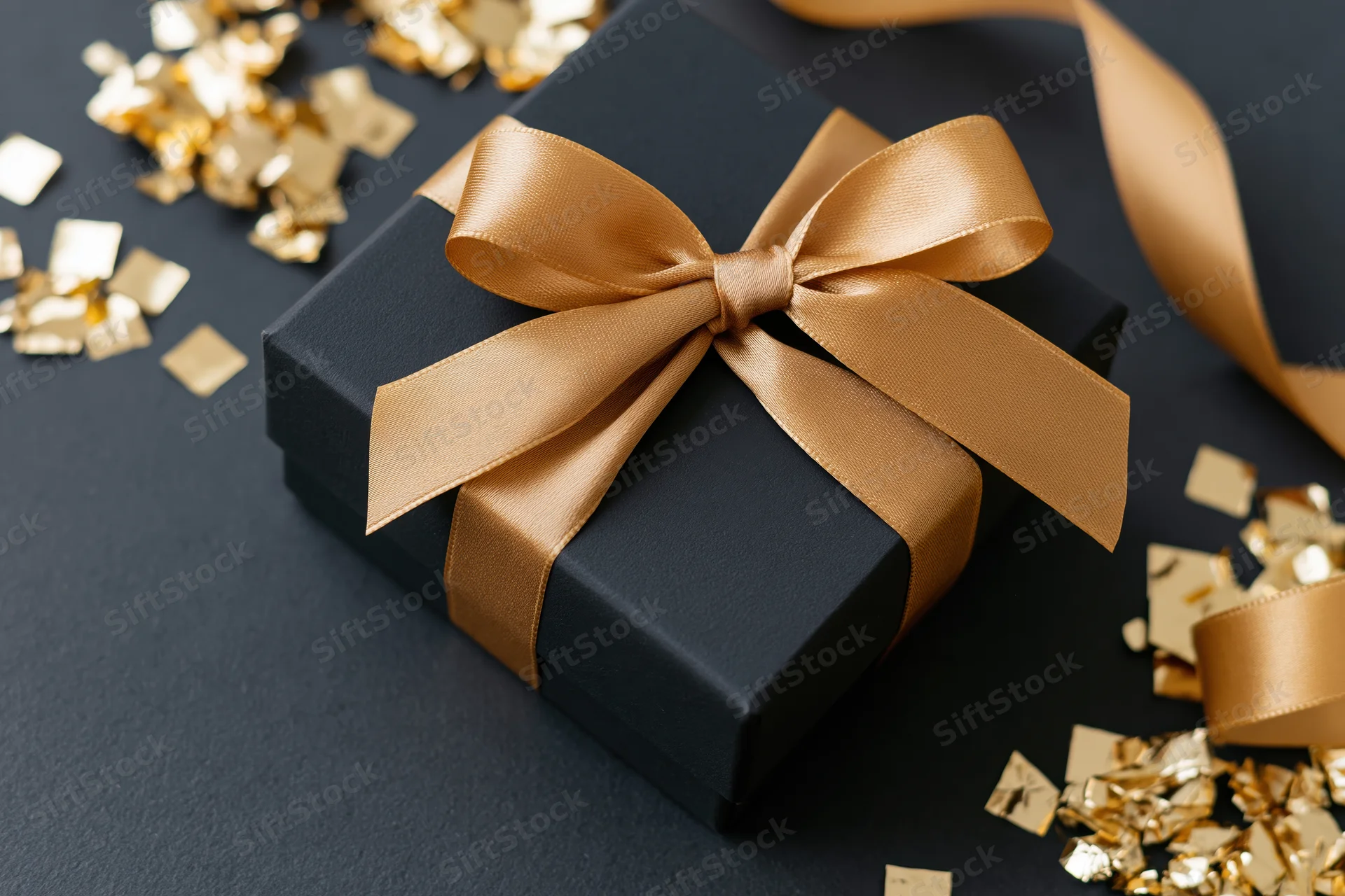 Black matte gift box with gold satin bow and scattered confetti on dark surface
