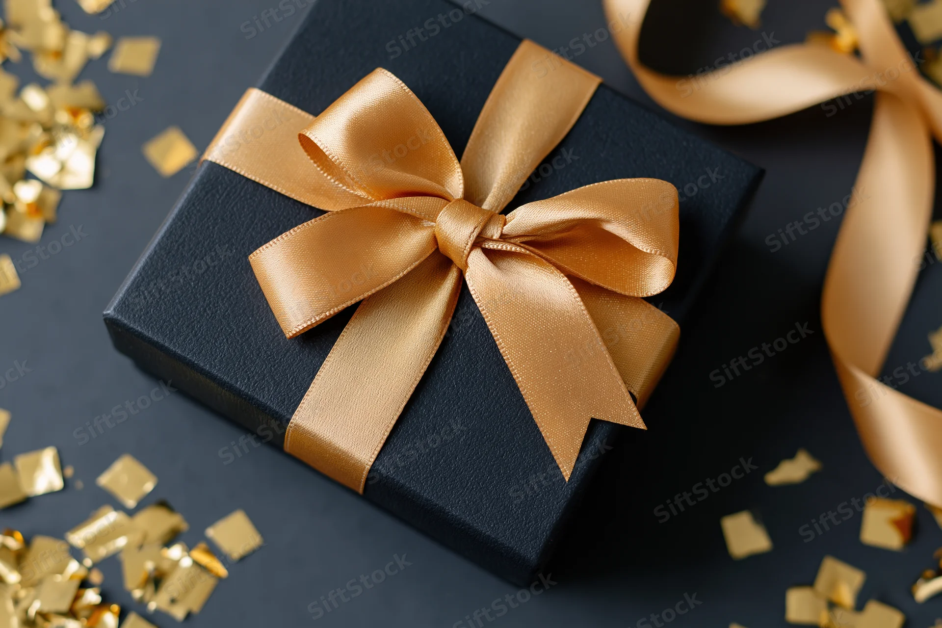 Black matte gift box with gold satin bow and scattered confetti on dark surface