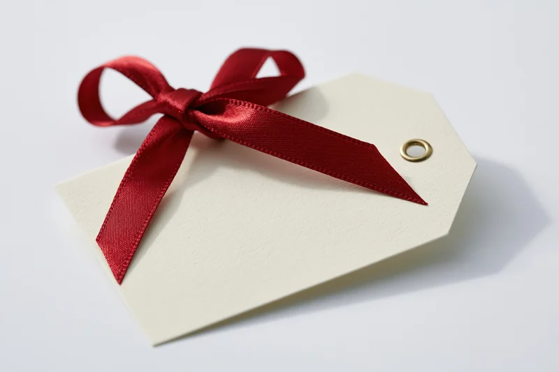 Cream gift tag with red satin ribbon bow and brass eyelet on white background