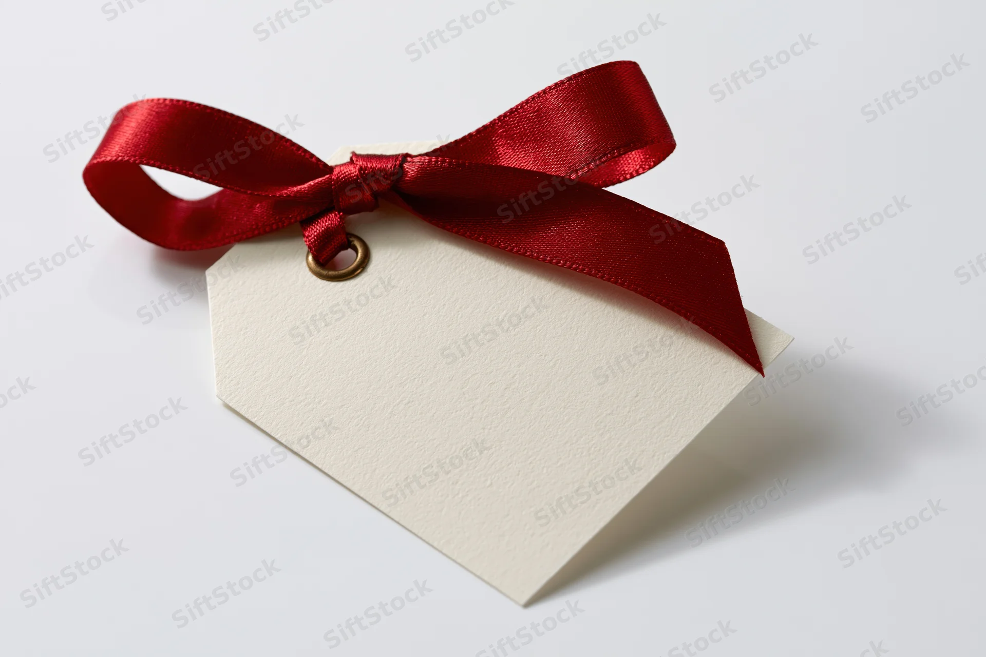 Cream gift tag with red satin ribbon bow tied through brass eyelet on white background
