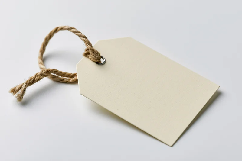 Blank cream cardboard tag with twisted twine string on white background