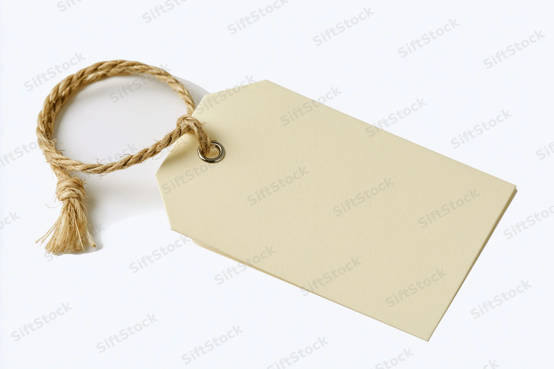 Blank cream cardboard tag with twisted twine string on white background