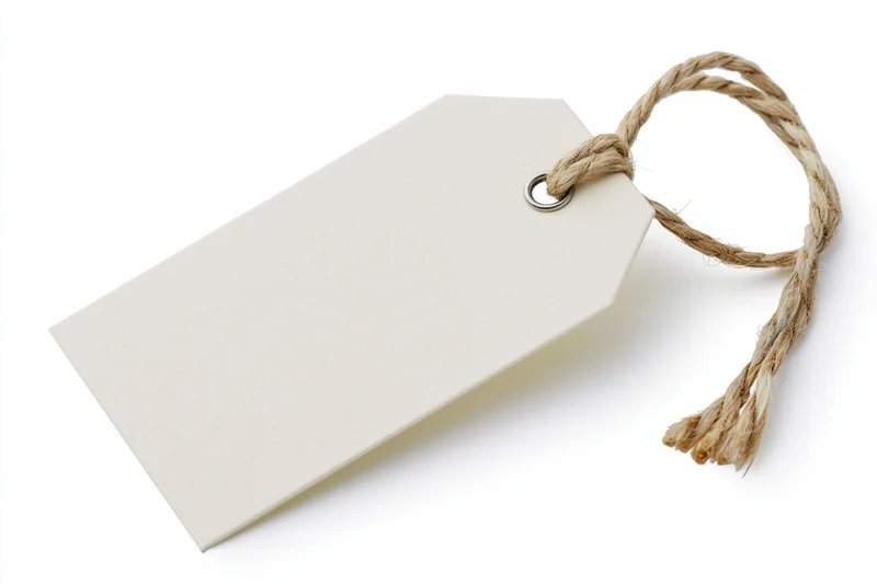 Blank cream cardboard tag with twisted twine string on white background