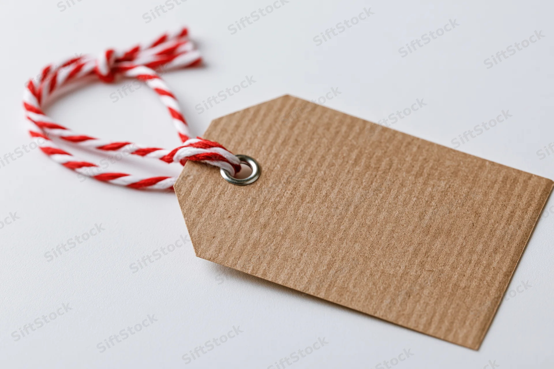 Blank kraft paper gift tag with red and white twine tied through metal eyelet on white surface