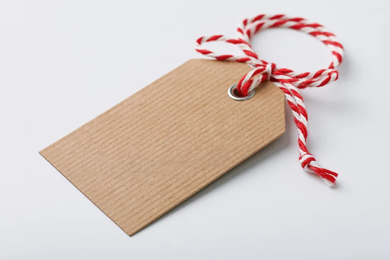 Blank kraft paper gift tag with red and white string tied in a bow on white background