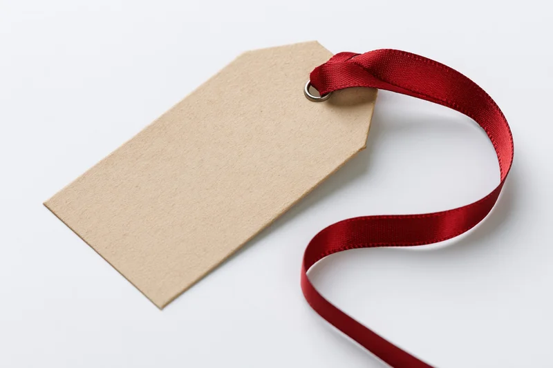 Blank kraft paper gift tag with red satin ribbon on white background