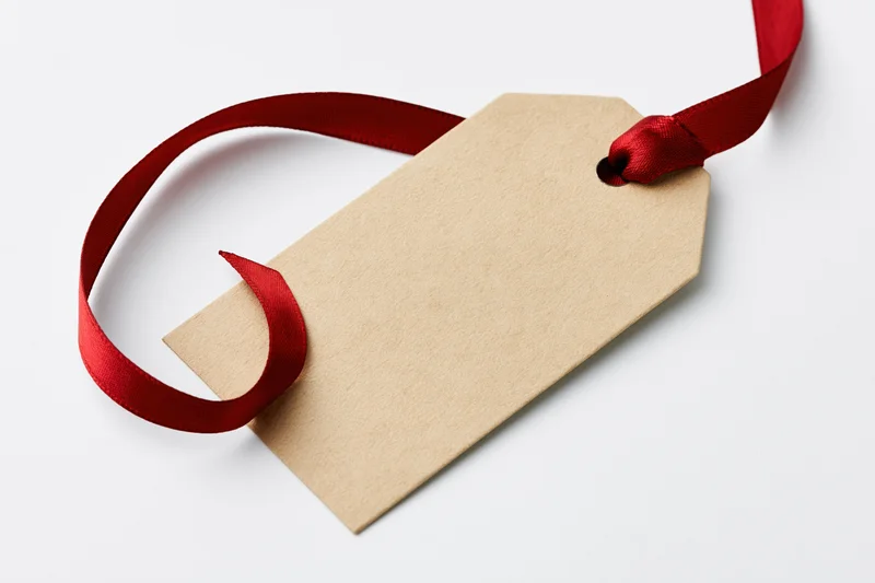 Blank kraft paper gift tag with red satin ribbon on white background