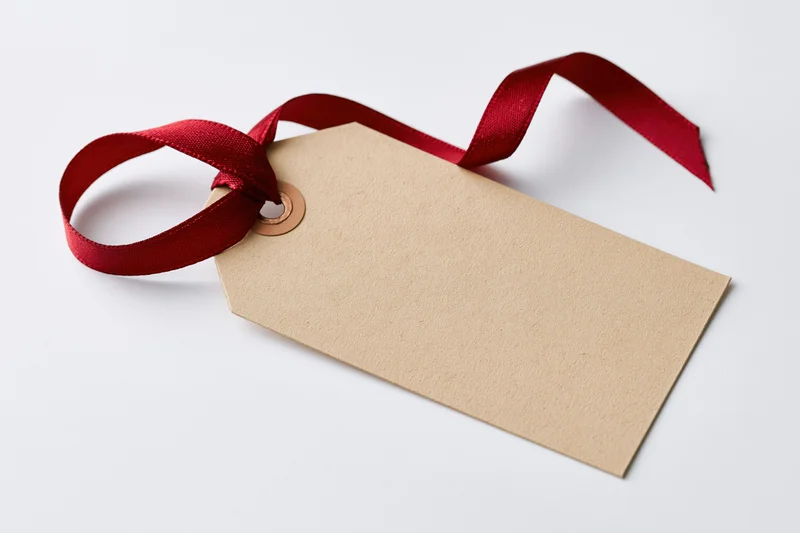 Blank kraft paper gift tag with red satin ribbon on white background