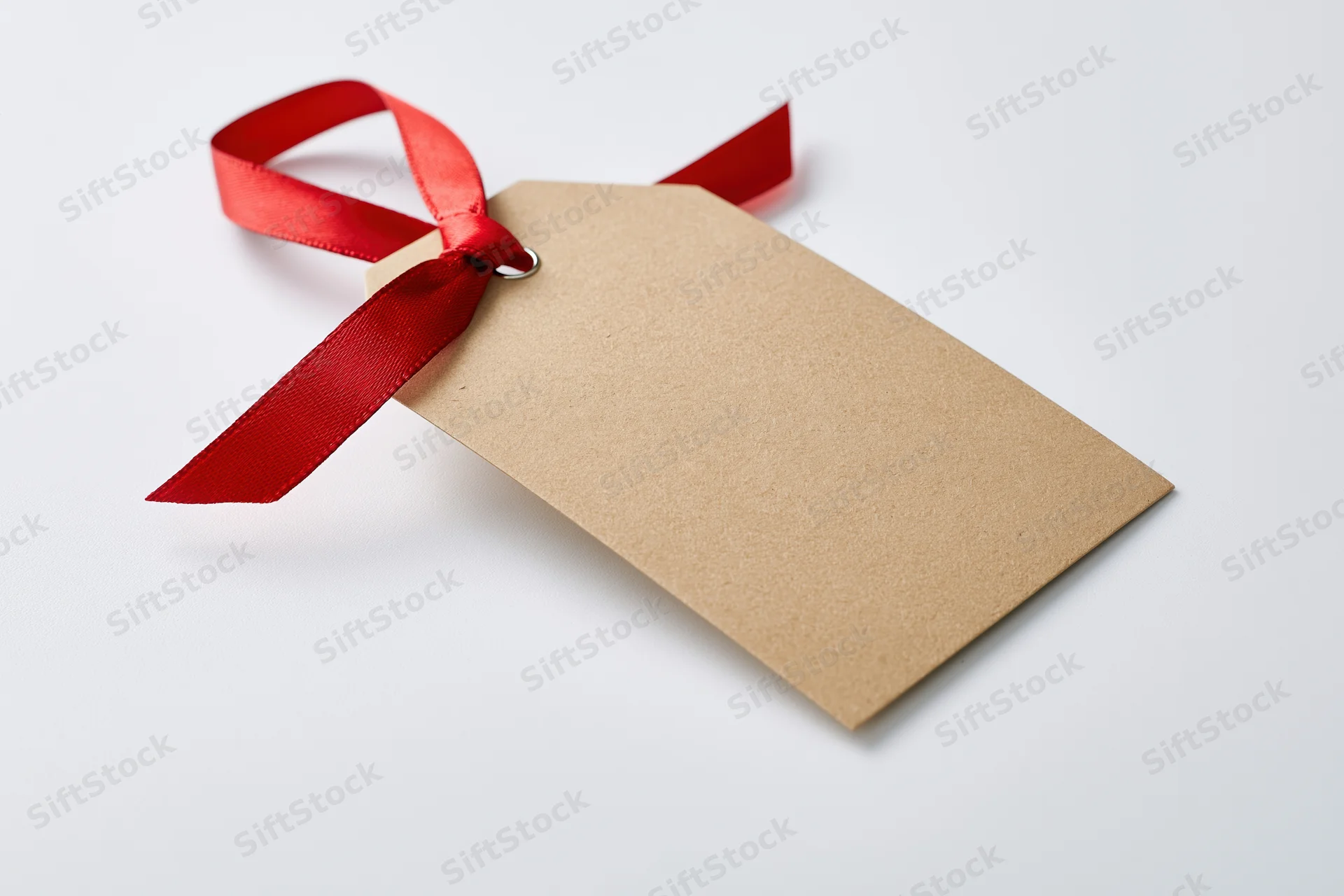 Blank kraft paper gift tag with red satin ribbon tied in a bow on white background
