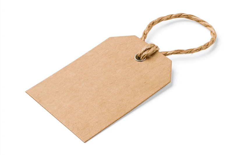Blank kraft paper tag with twisted jute twine loop on white background