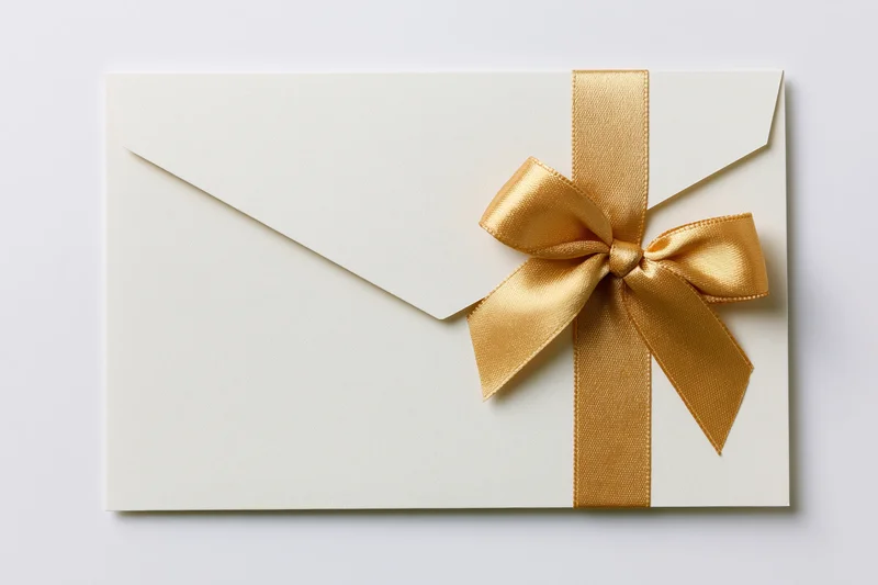 White envelope with gold ribbon bow lying flat on white surface