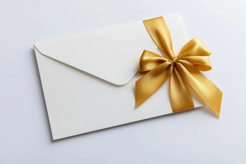 White envelope decorated with gold satin ribbon bow lying flat on white surface