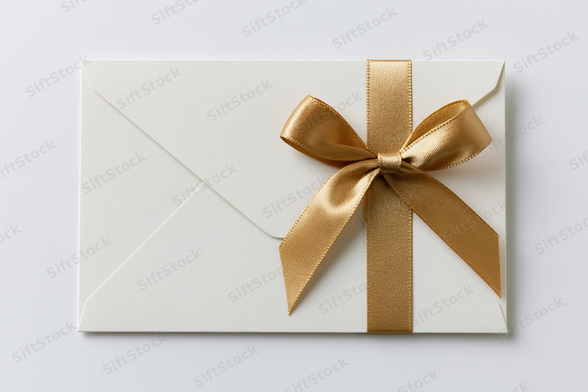 White envelope decorated with gold satin ribbon bow lying flat on white background