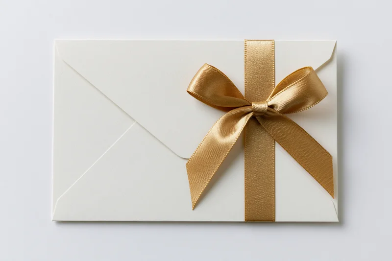 White envelope decorated with gold satin ribbon bow lying flat on white background
