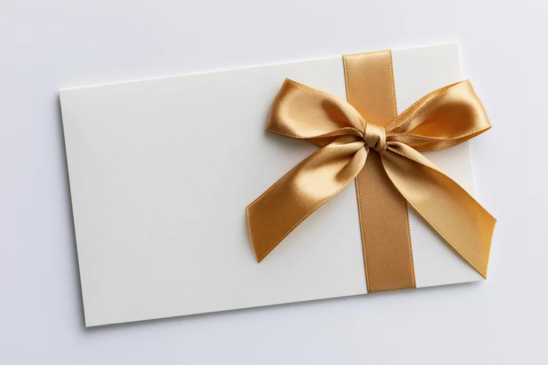 White gift card with gold ribbon bow on plain surface