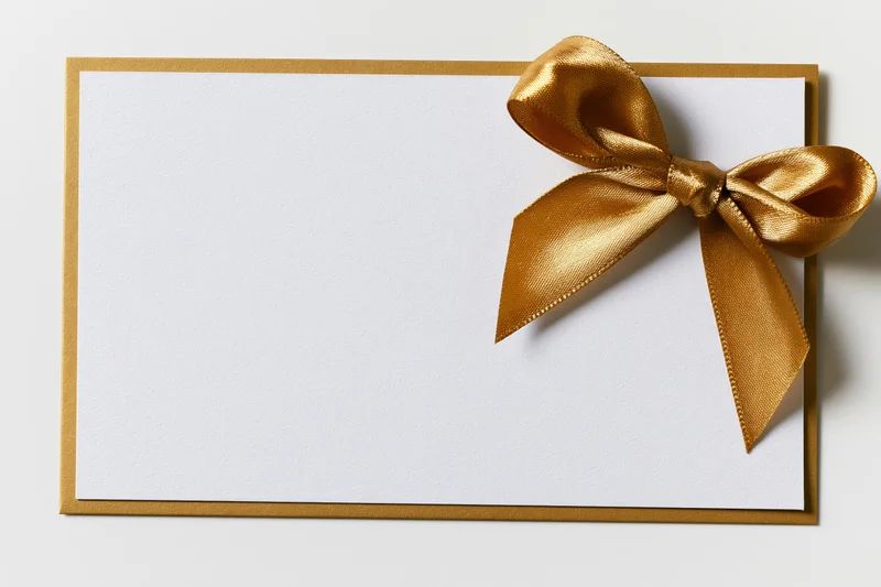 Blank white gift card with gold satin ribbon bow on plain surface