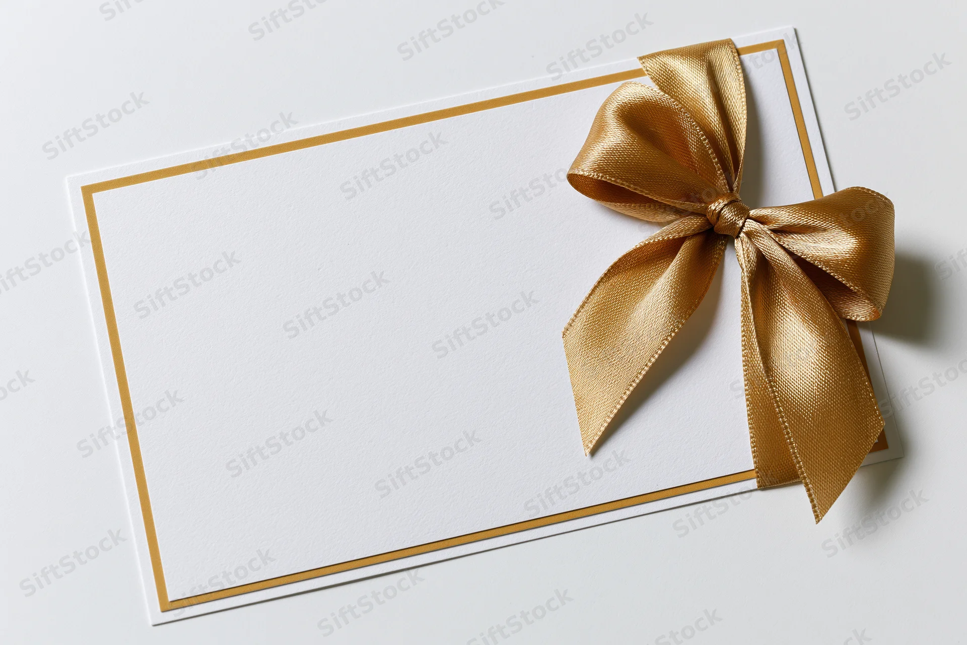 Blank white gift card with gold satin ribbon bow on plain surface