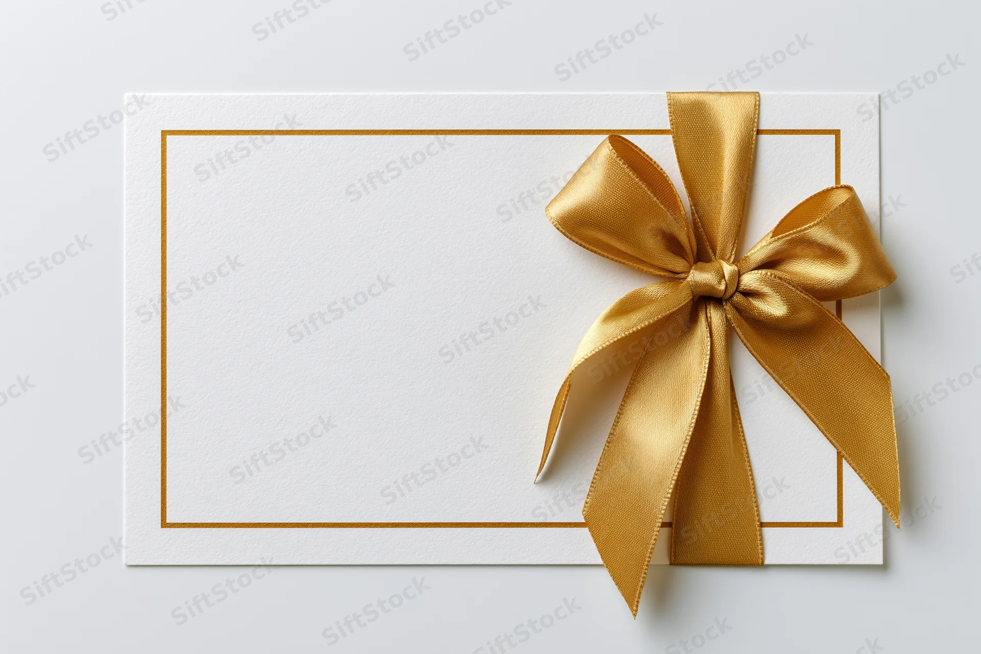 Blank white gift card with gold satin ribbon bow on plain surface